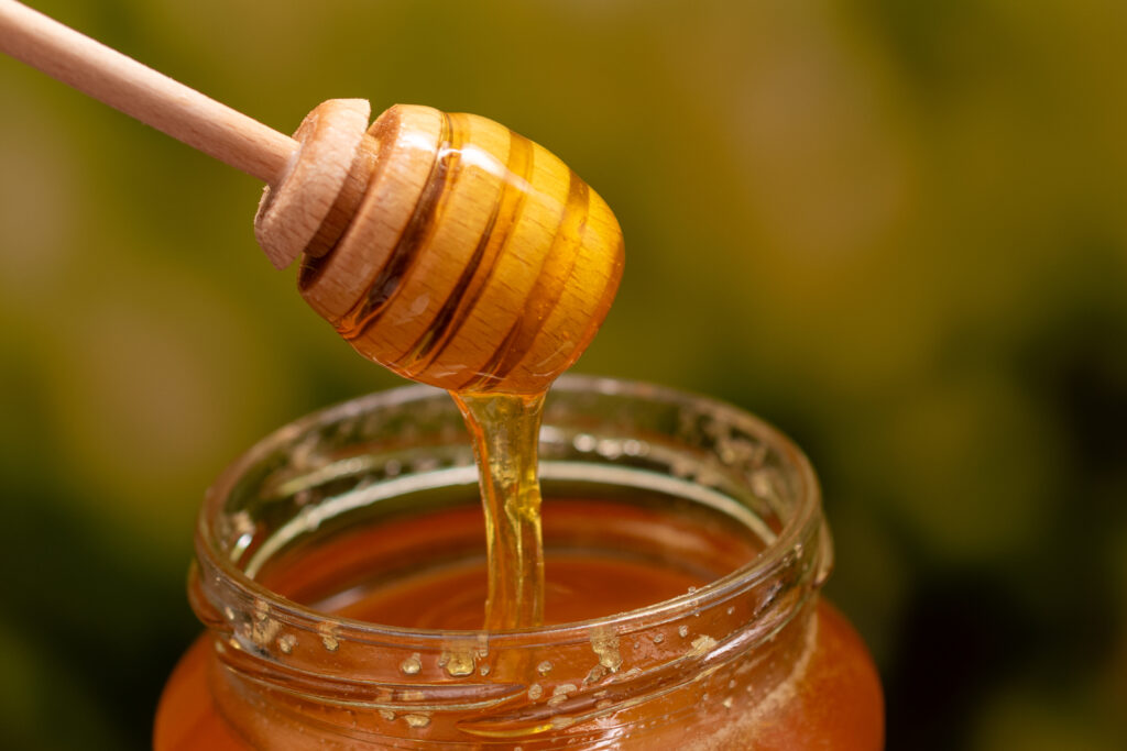 Honey in jar and honey dipper